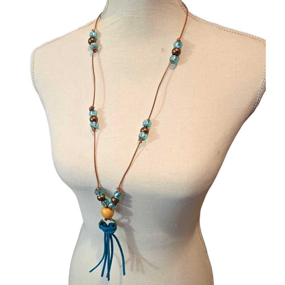 Boho Beaded Necklace Leather Cord Blue Glass Bronze Wood Beads Adjustable Tassel